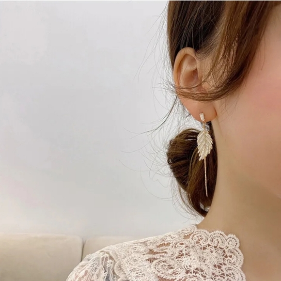 Gold-plated Crystal Leaf Drop earrings with silver post BOGO - Picture 5 of 12